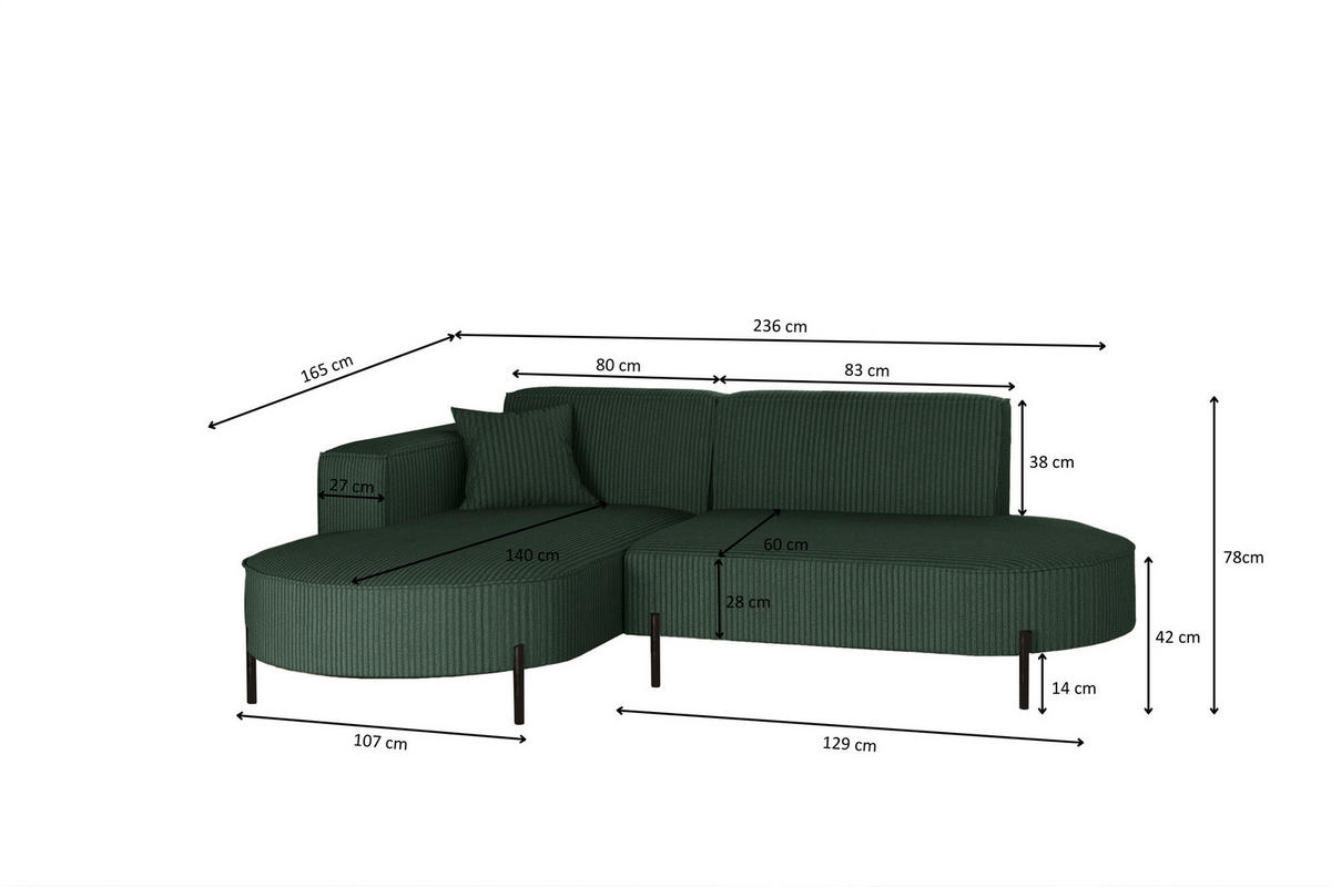 ECKSOFA L-Form Designer Modena Rein stoff Cord Grün Links - Grün, Holzwerkstoff (165/236cm) - Kaiser Möbel
