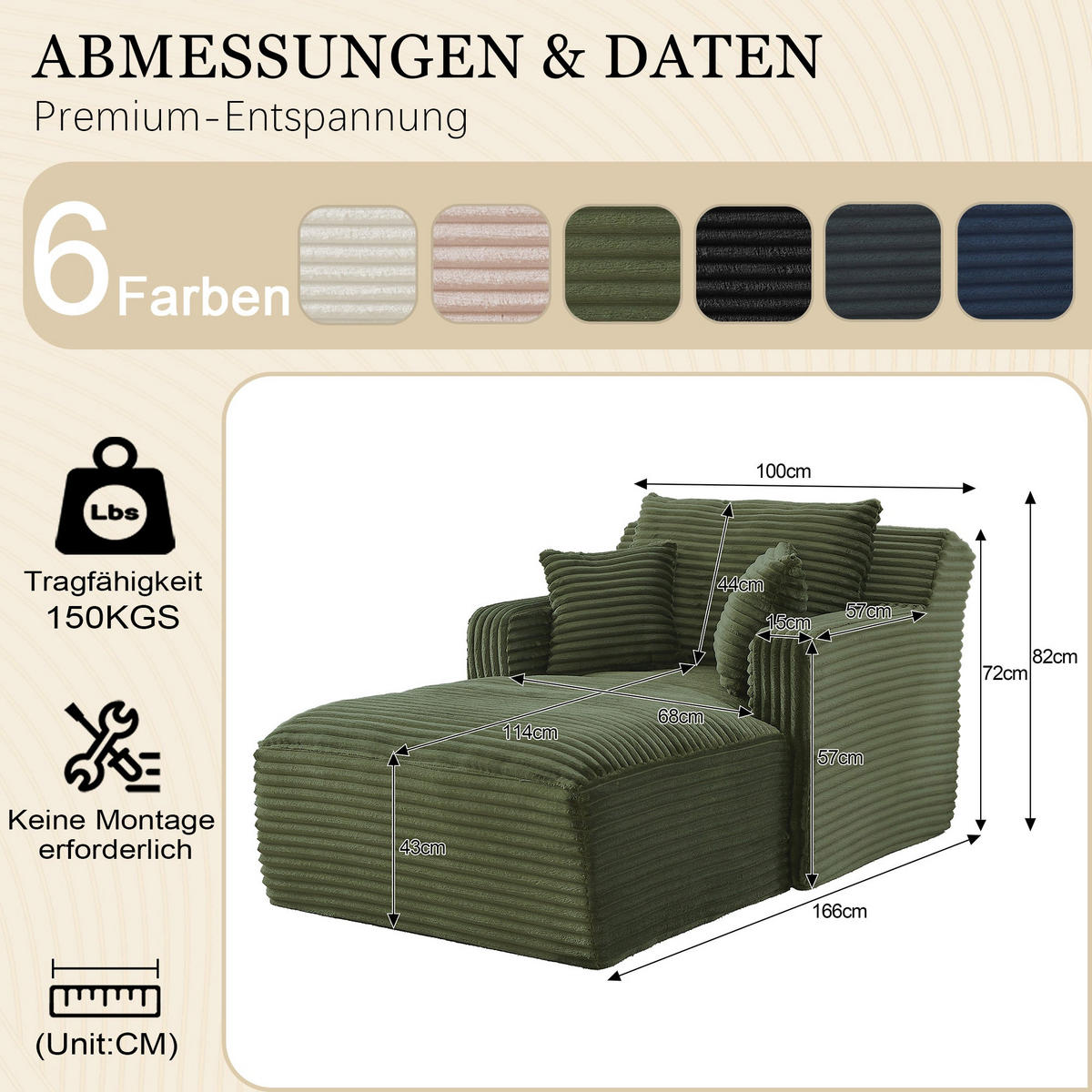 RELAXSESSEL aus Cord Modulare Chaiselongue & ohne Montage - Grün, Textil (32.99/127/32.99cm) - Urban Meuble