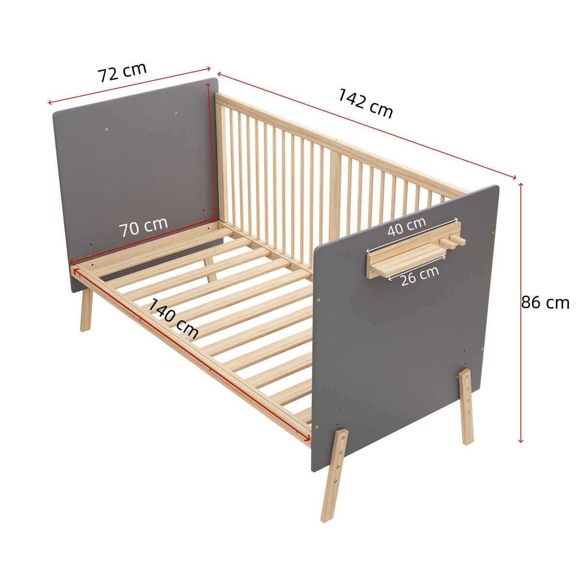 KINDERBETT 70/140 cm in Blau & Natur Massivholz mit 3-stufiger Höhenverstellung und Ablage - Blaugrau/Naturfarben, Holz/Holzwerkstoff (70/140cm) - WISHDOR