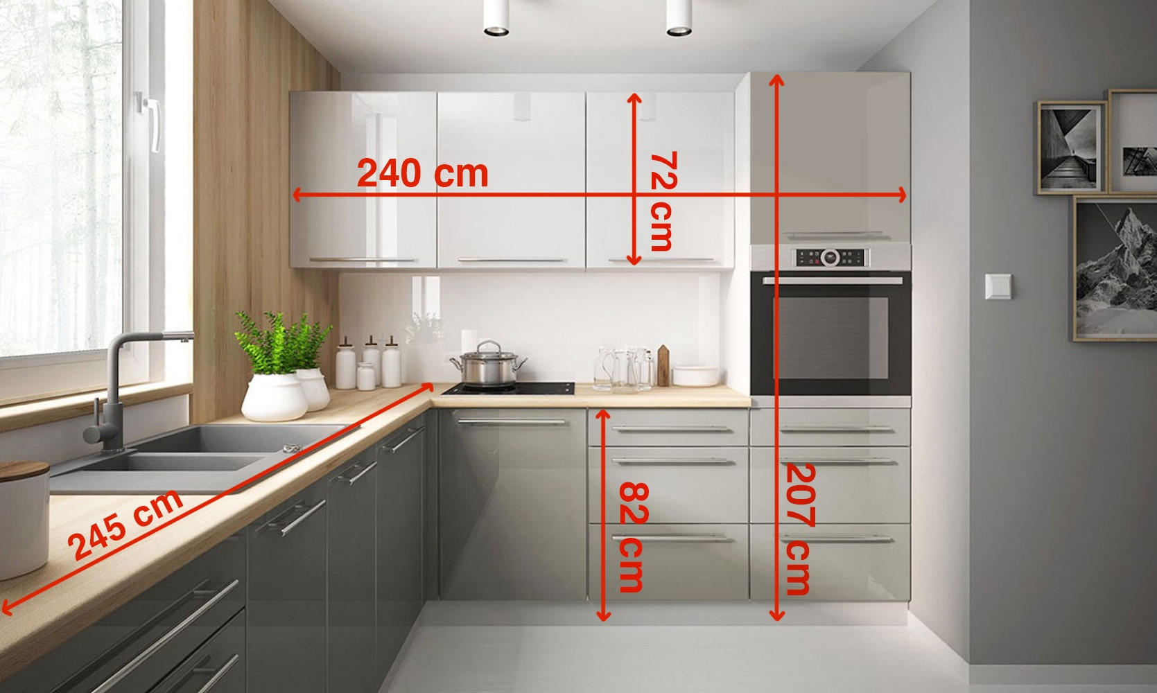 WINKELKÜCHE Brerra grau / verkehrsweiß-seidengrau hochglanz 9-teilig - Weiß/Grau, Holzwerkstoff (245/207/240cm) - Feldmann-Wohnen