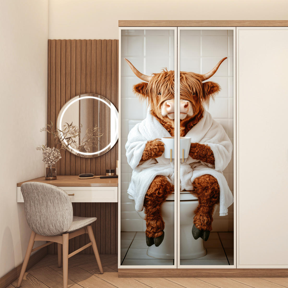 TÜRAUFKLEBER Selbstklebend - Schottisches Hochlandrind - WC - Bademantel - Modern - Tiere 95x215 cm - Türtapete - Kastanienfarben, Kunststoff (95/0.1cm) - MuchoWow