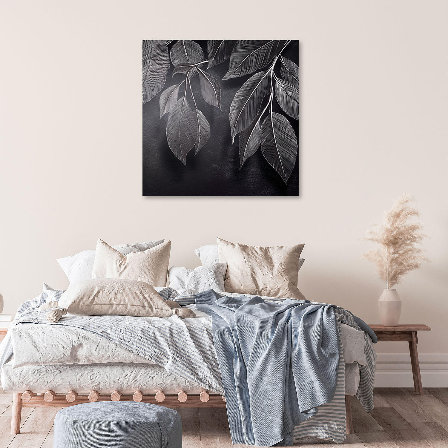 LEINWANDBILD Minimalismus hinterlässt Pflanzen schwarz und weiß 50x50cm - Grau, Textil (50/50cm) - Feeby