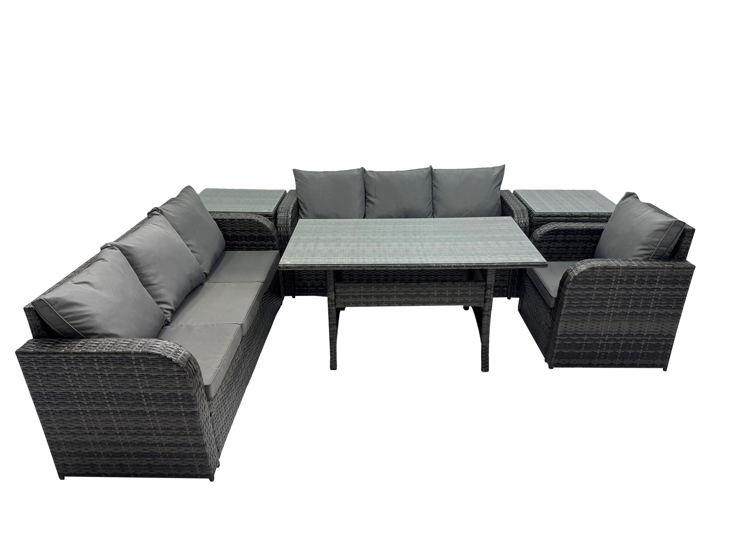 GARTENTISCHGRUPPE mit 2 Beistelltischen Polyrattan Dunkelgrau 7-Sitzer - Dunkelgrau/Grau, Glas/Kunststoff - Fimous