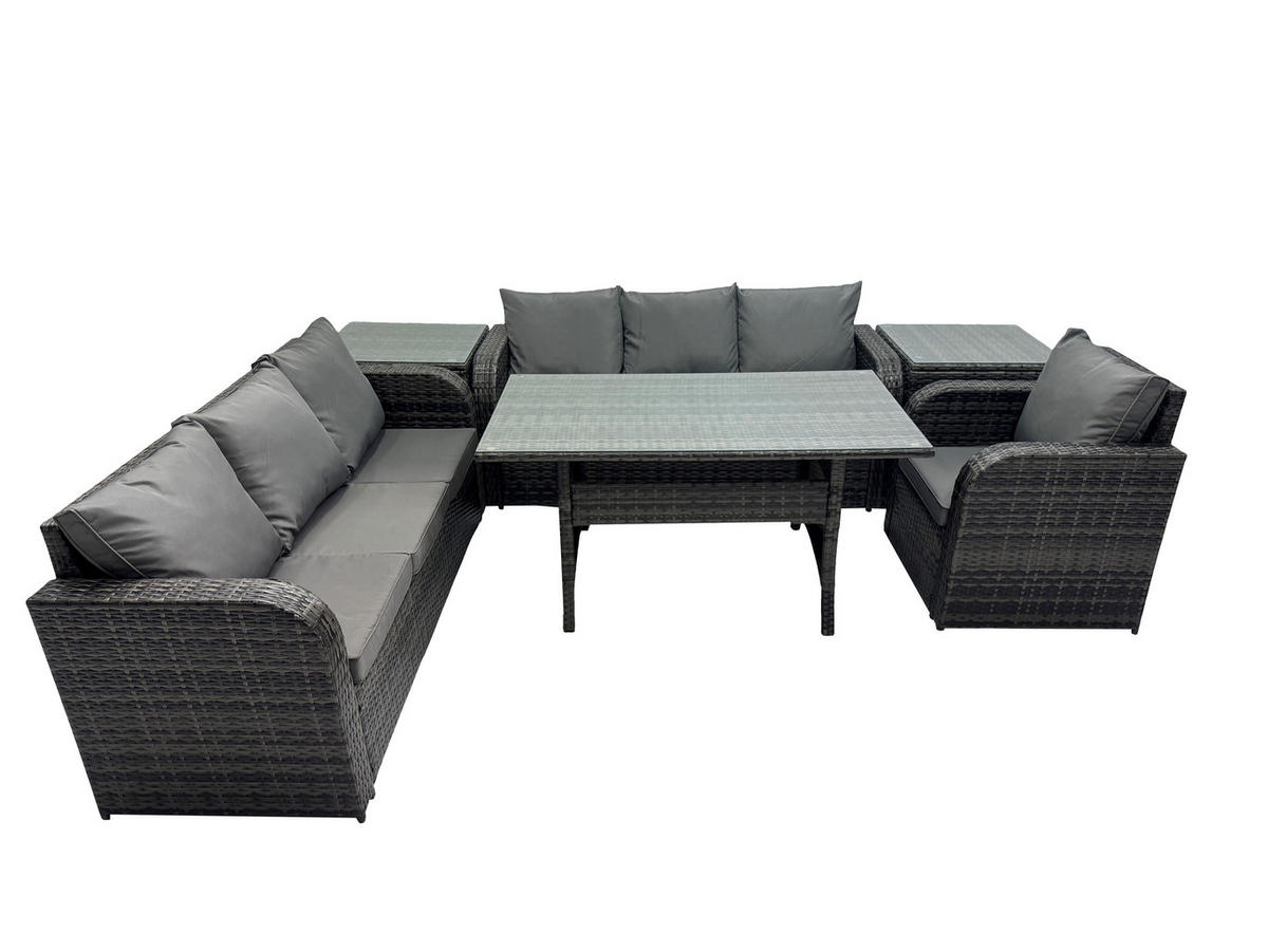 GARTENTISCHGRUPPE mit 2 Beistelltischen Polyrattan Dunkelgrau 7-Sitzer - Dunkelgrau/Grau, Glas/Kunststoff - Fimous