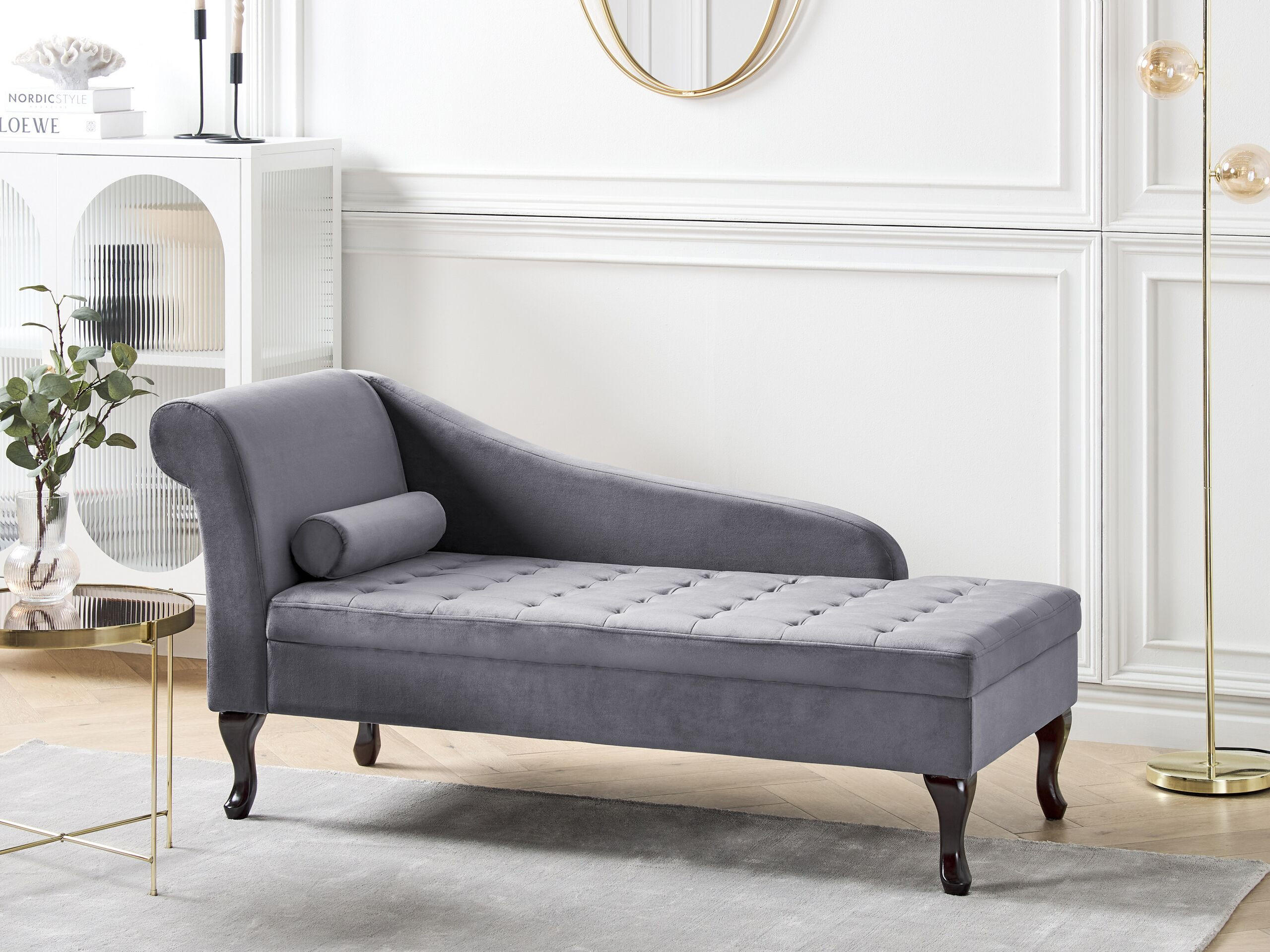 CHAISELONGUE Samtstoff dunkelgrau mit Bettkasten linksseitig Pessac - Dunkelgrau/Schwarz, Textil (145/71/62cm) - Beliani