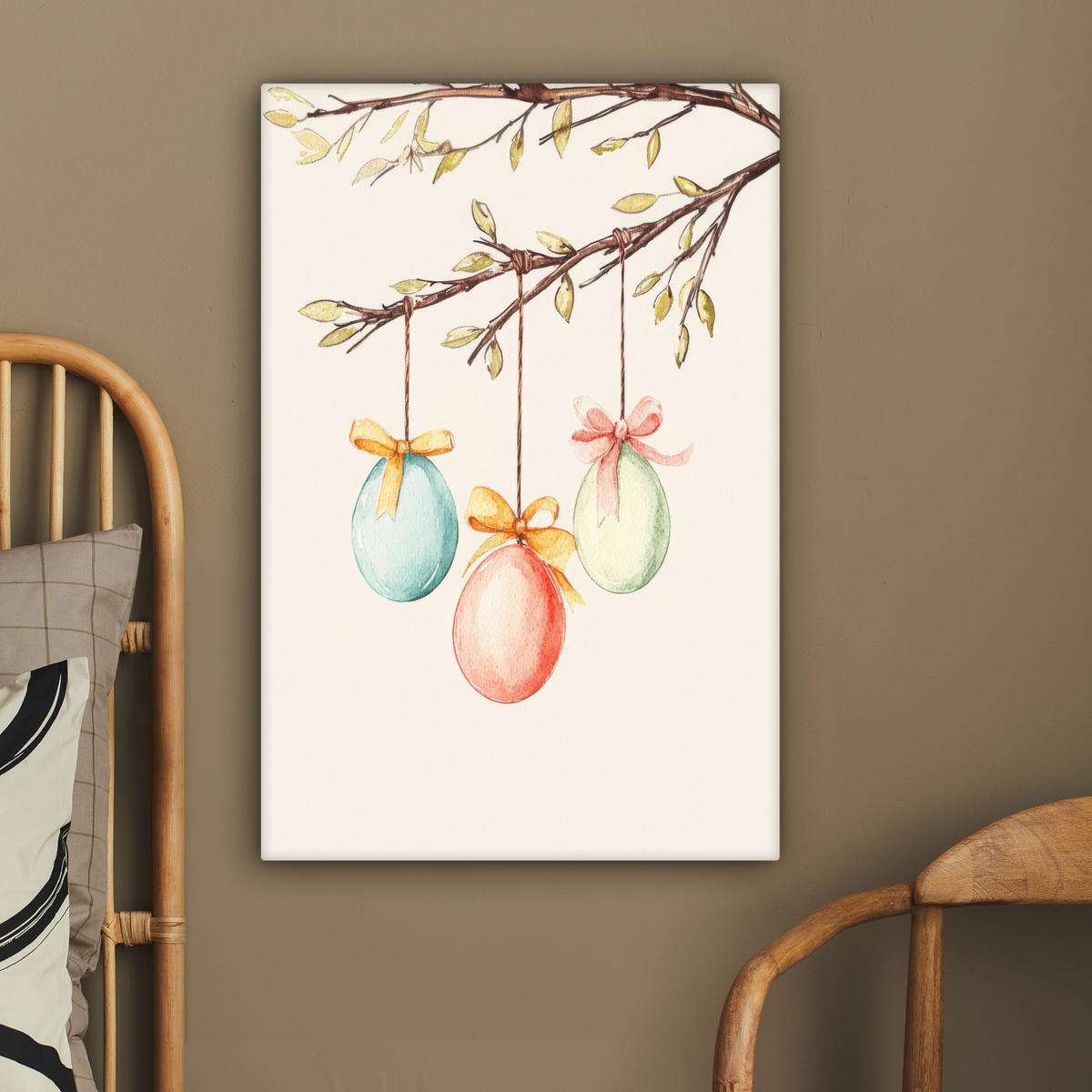 LEINWANDBILD Osterkuchen - Schleife - Eier Wanddeko Schlafzimmer 60x90 cm - Creme, Textil (60/90cm) - MuchoWow