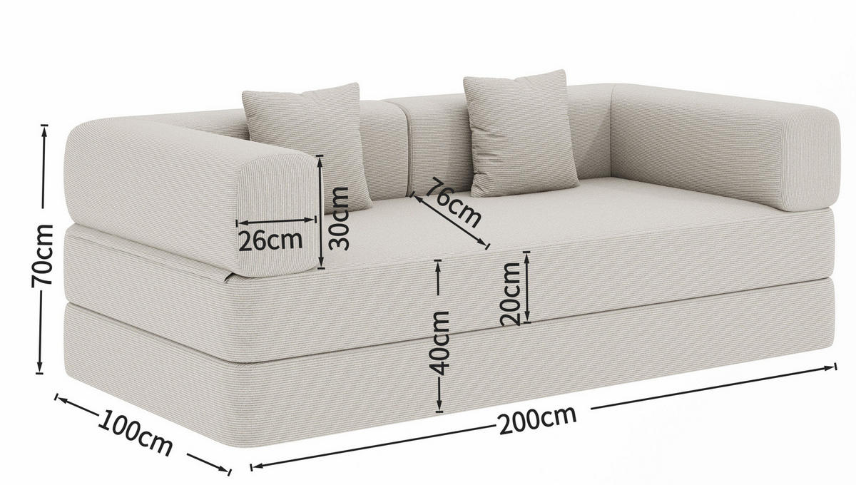 SOFA-BETT 3-Sitzer aus Corduroy Off White - Weiß, Kunststoff (100/70/200cm) - Meubliv