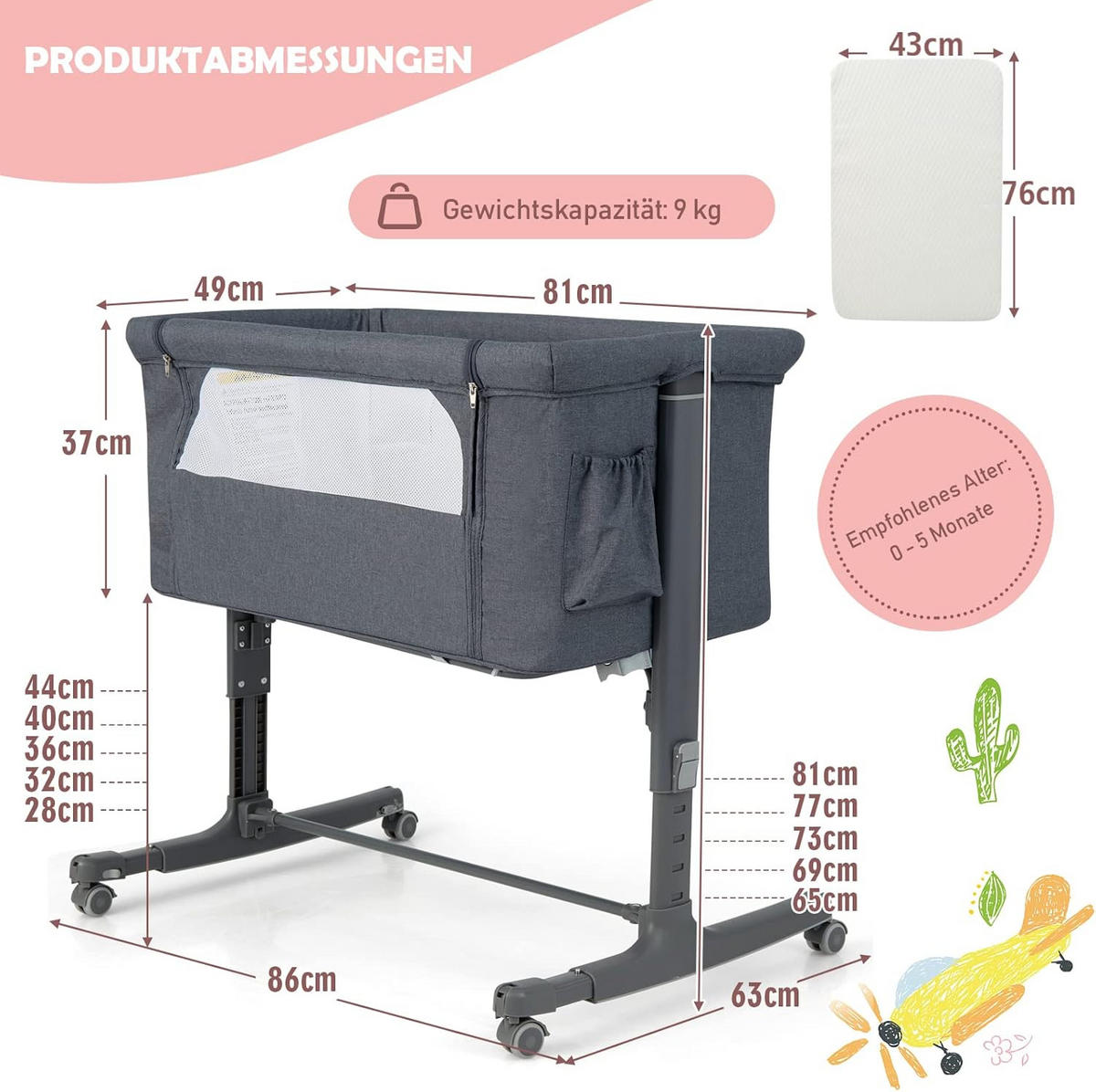 BABYBETT 3 in 1 Beistellbett Grau - Grau, Metall - COSTWAY