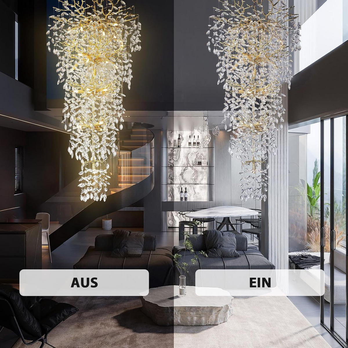 TREPPEN-KRONLEUCHTER 160 cm 5-stufiger K9‑Kristall Baumzweig Gold für Eingangsbereich und Wohnzimmer - Gelb, Naturmaterialien (75/67/41.5cm) - Surtime