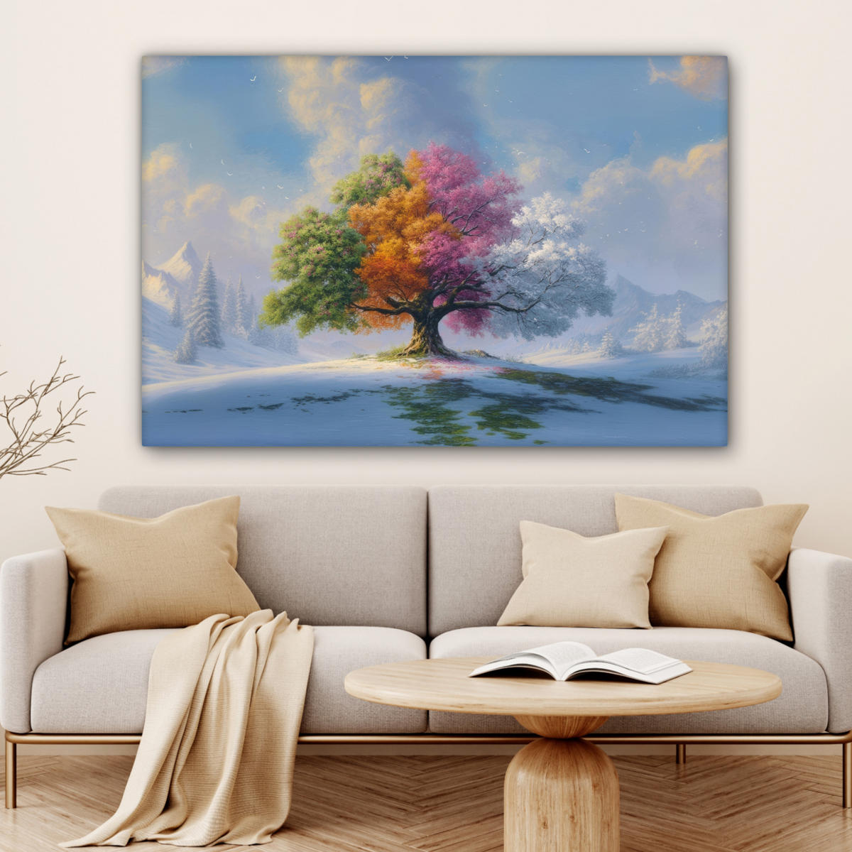 LEINWANDBILD Baum - Jahreszeiten - Winter - Landschaft XXL 150x100 cm - Multicolor, Textil (150/100cm) - MuchoWow