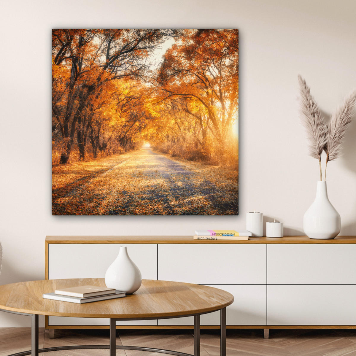 LEINWANDBILD Wald - Herbst - Bäume - Waldweg - Natur Deko Groß 90x90 cm - Bernsteinfarben, Textil (90/90cm) - MuchoWow