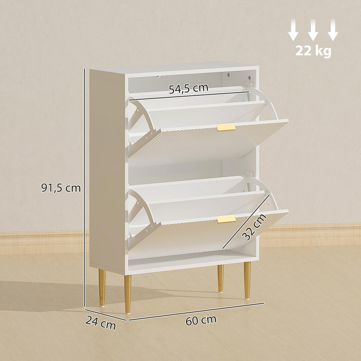 SCHUHSCHRANK DE-15041 2 Klapptüren mit Rillenfront & verstellbaren Böden Weiß - Weiß, Holzwerkstoff (60/91.5/24cm) - ComfortXL