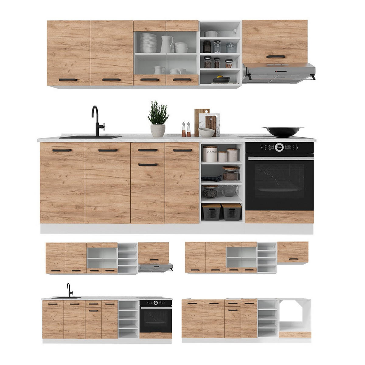 KÜCHENZEILE R-Line Goldkraft Eiche/Weiß 240 cm AP Marmor - Honigeiche/Weiß, Holzwerkstoff (240/206.8/60cm) - Vicco