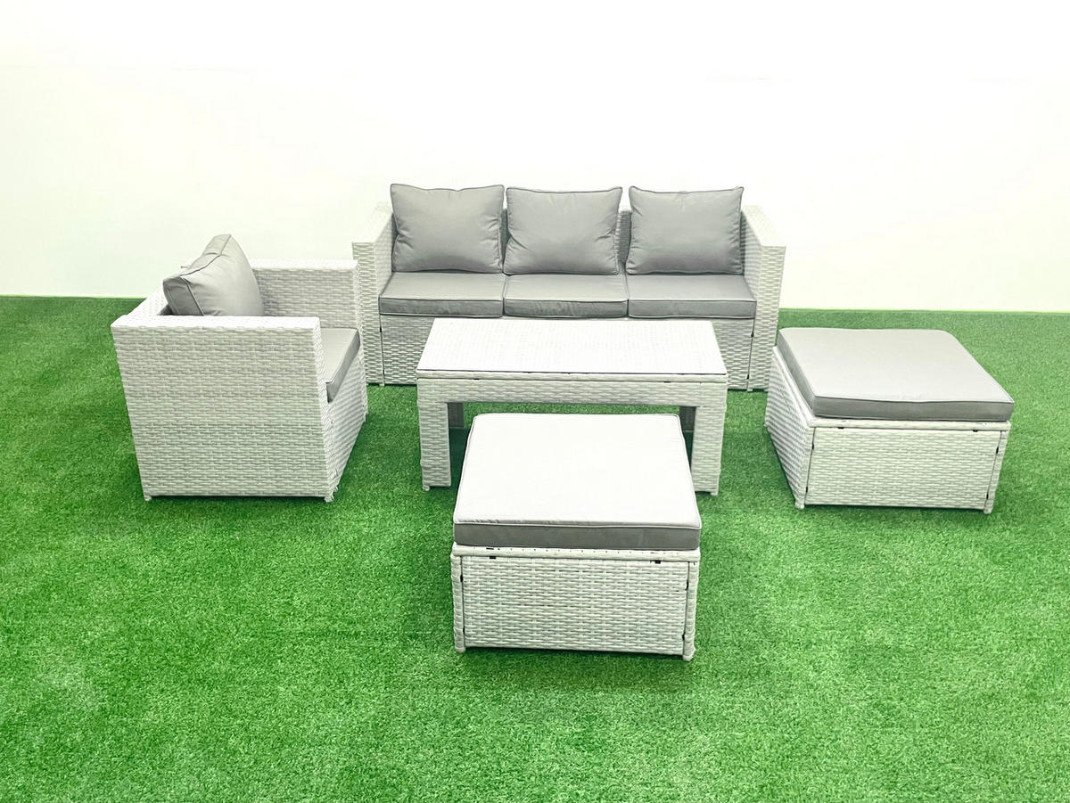 BALKONMÖBEL-SET Polyrattan Hellgrau-Mix 6-teilig - Hellgrau/Grau, Glas/Kunststoff - Fimous