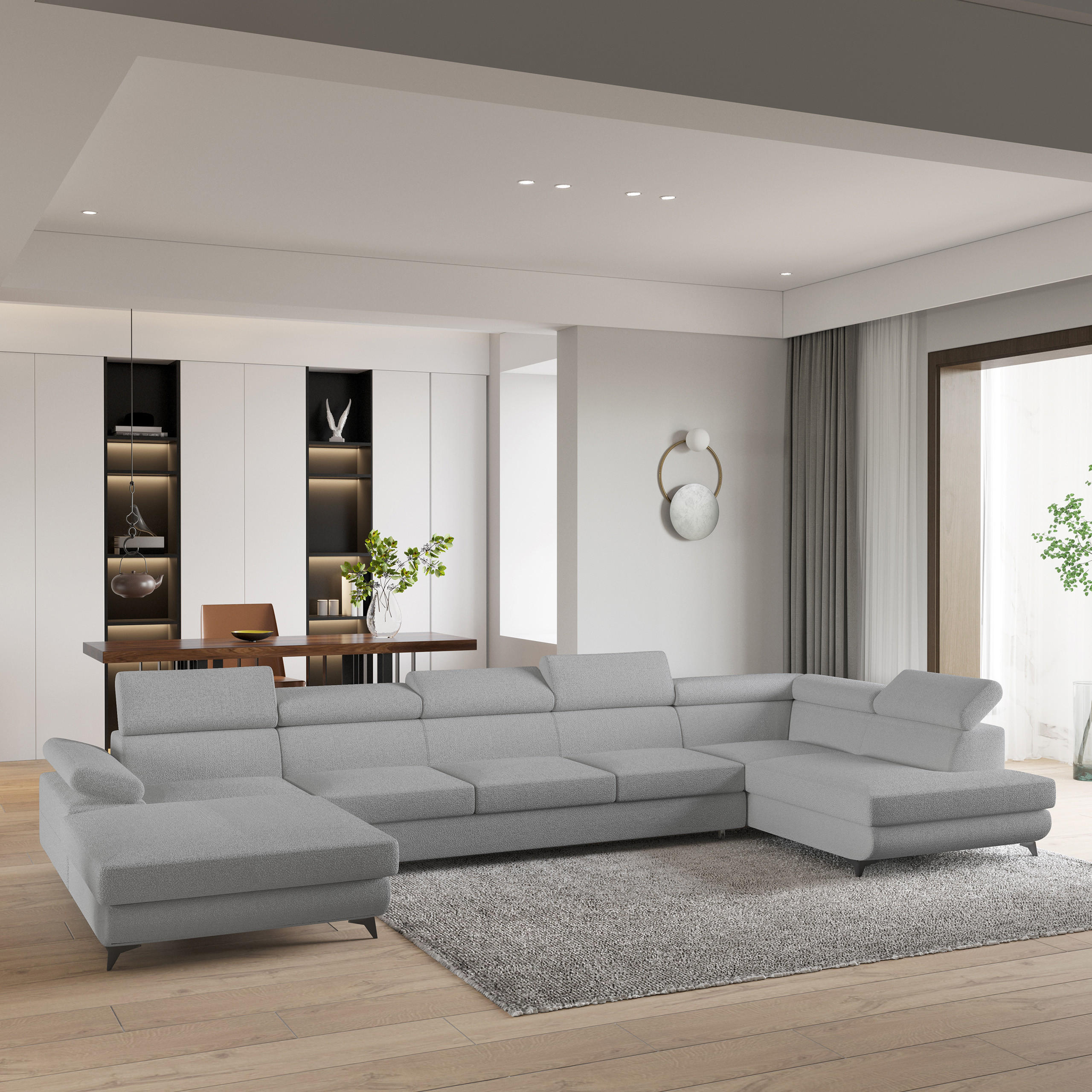 WOHNLANDSCHAFT MONTIVA Hellgrau Boucle-Stoff mit Schlaffunktion - Hellgrau, Holz (410/89/190cm) - MASSENO