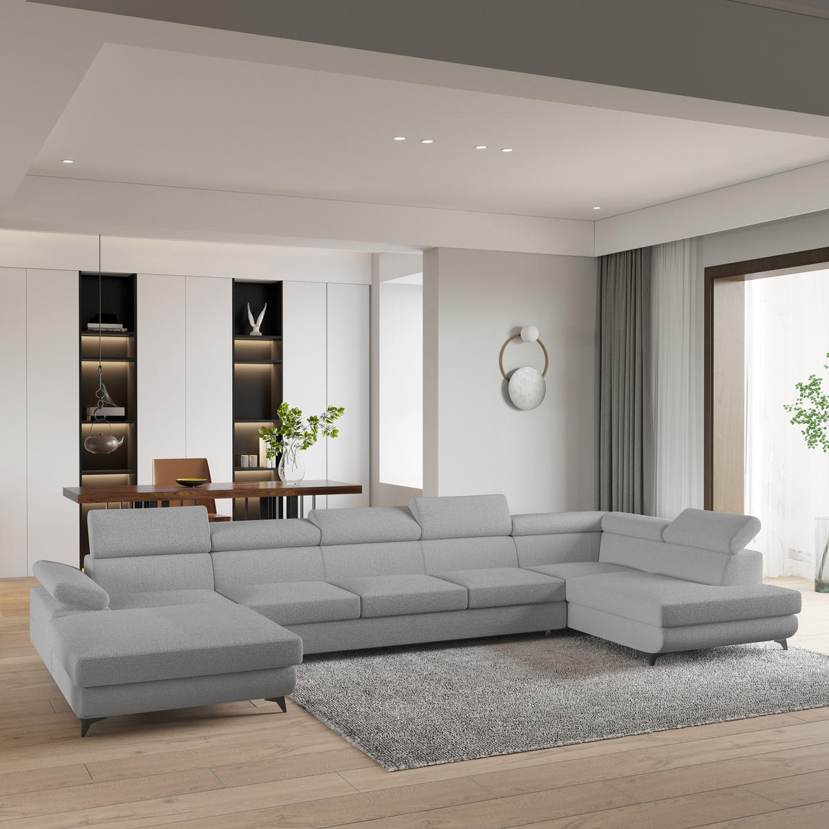 WOHNLANDSCHAFT MONTIVA Hellgrau Boucle-Stoff mit Schlaffunktion - Hellgrau, Holz (410/89/190cm) - MASSENO