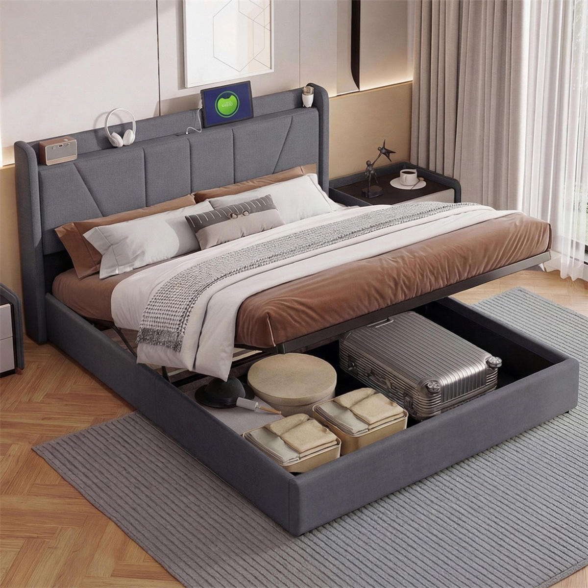 POLSTERBETT 160x200 cm - Hydraulisches Stauraumbett mit USB- und Type-C-Ladefunktion - ohne Matratze - Grau - Grau, Textil (160/200cm) - DELFA