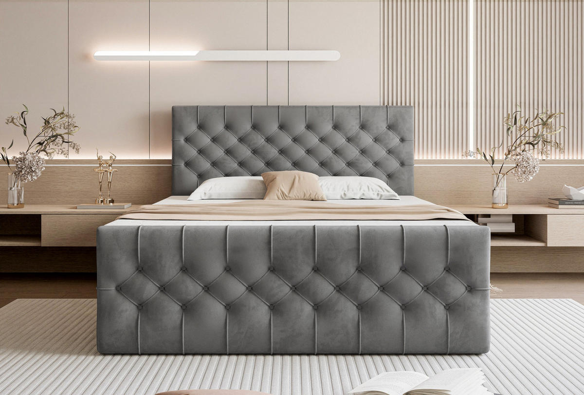 BOXSPRINGBETT Aurora mit Bettkasten, Dunkelgrau Samt 200x200 cm – inkl. H3 Matratze und Topper - Dunkelgrau/Schwarz, Holzwerkstoff/Kunststoff (200/200cm) - WFL GROUP