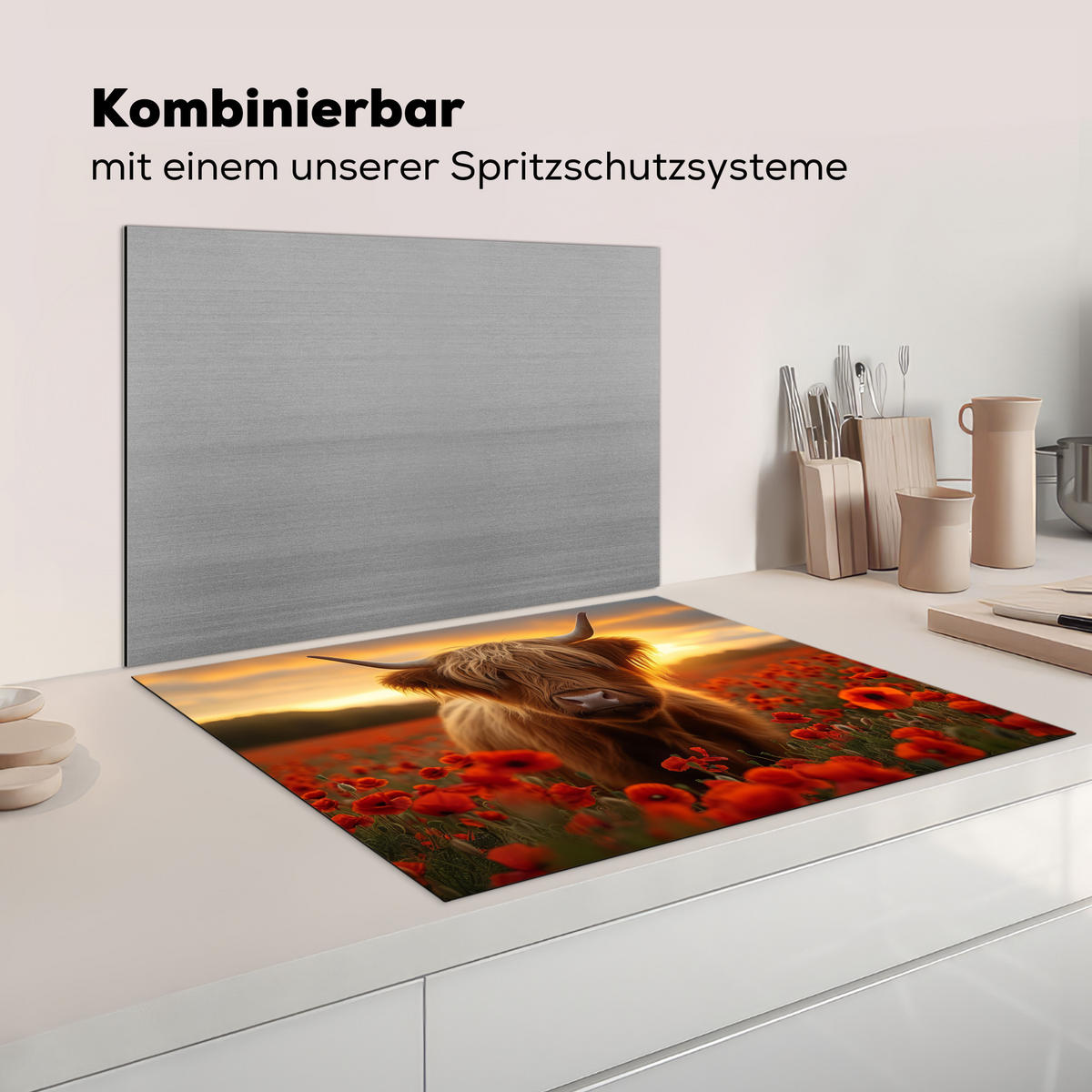 HERDABDECKPLATTE Schottische Highlander - Rosen - Blumenfeld - Sonnenuntergang Induktionsmatte 77x59 cm - Rotbraun, Kunststoff (77/59/0.2cm) - MuchoWow