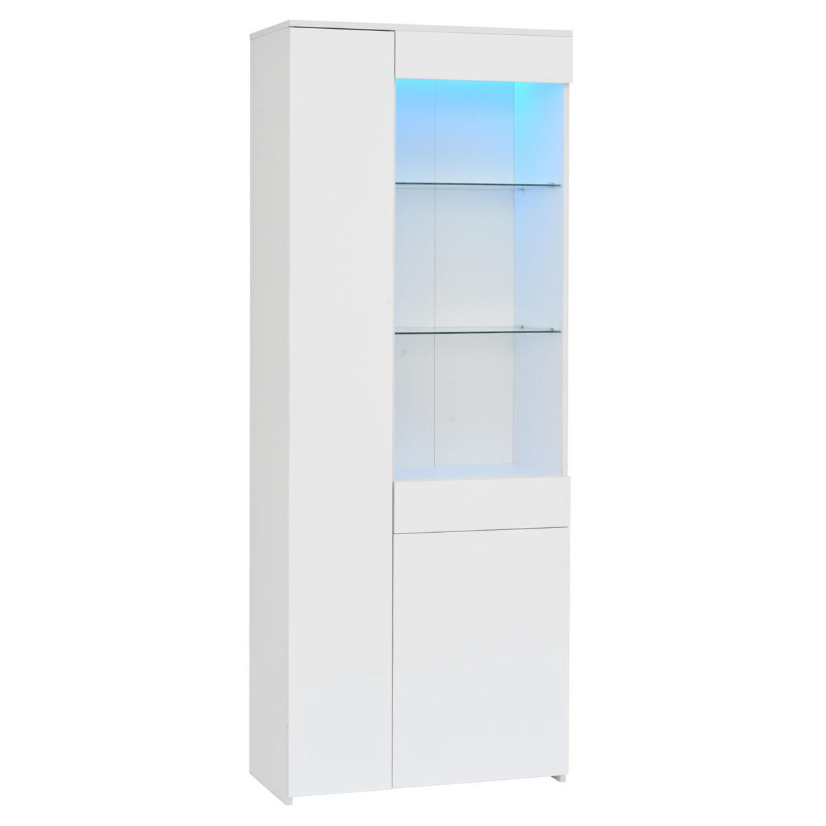 VITRINE 70/35/180 cm in Weiß mit LED-Beleuchtung und Schublade - Weiß, Holzwerkstoff (70/180/35cm) - Flora Grace