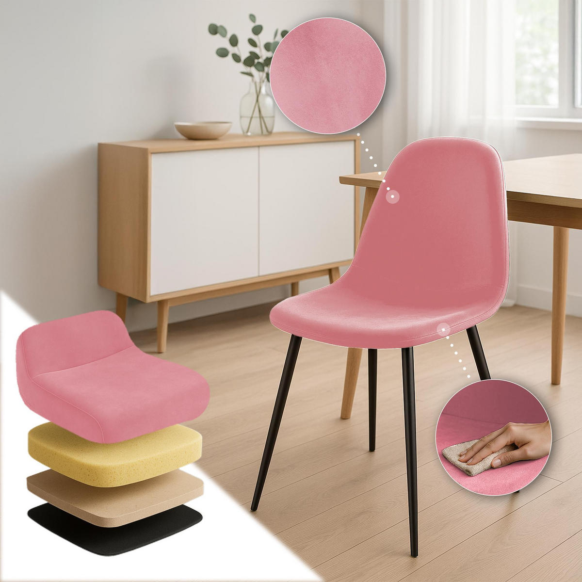 STUHL Samt Pink - Pink/Schwarz, Textil/Metall (44/88/51cm) - CLP