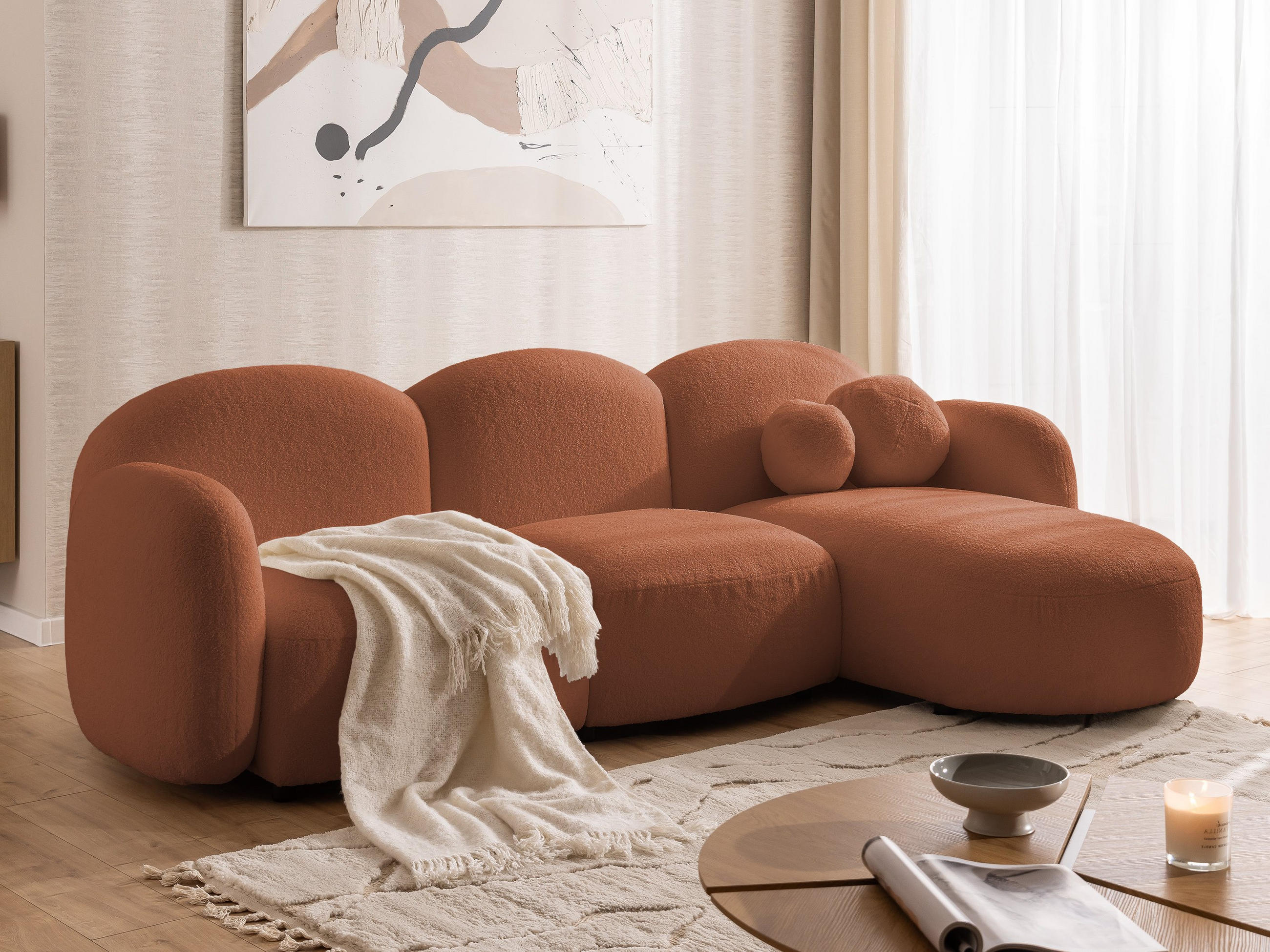 ECKSOFA Nuvola mit abgerundetem Design Terrakotta Bouclé-Stoff - Ottomane Rechts - Terra cotta/Schwarz, Holz/Kunststoff (268/146cm) - S-Style Möbel