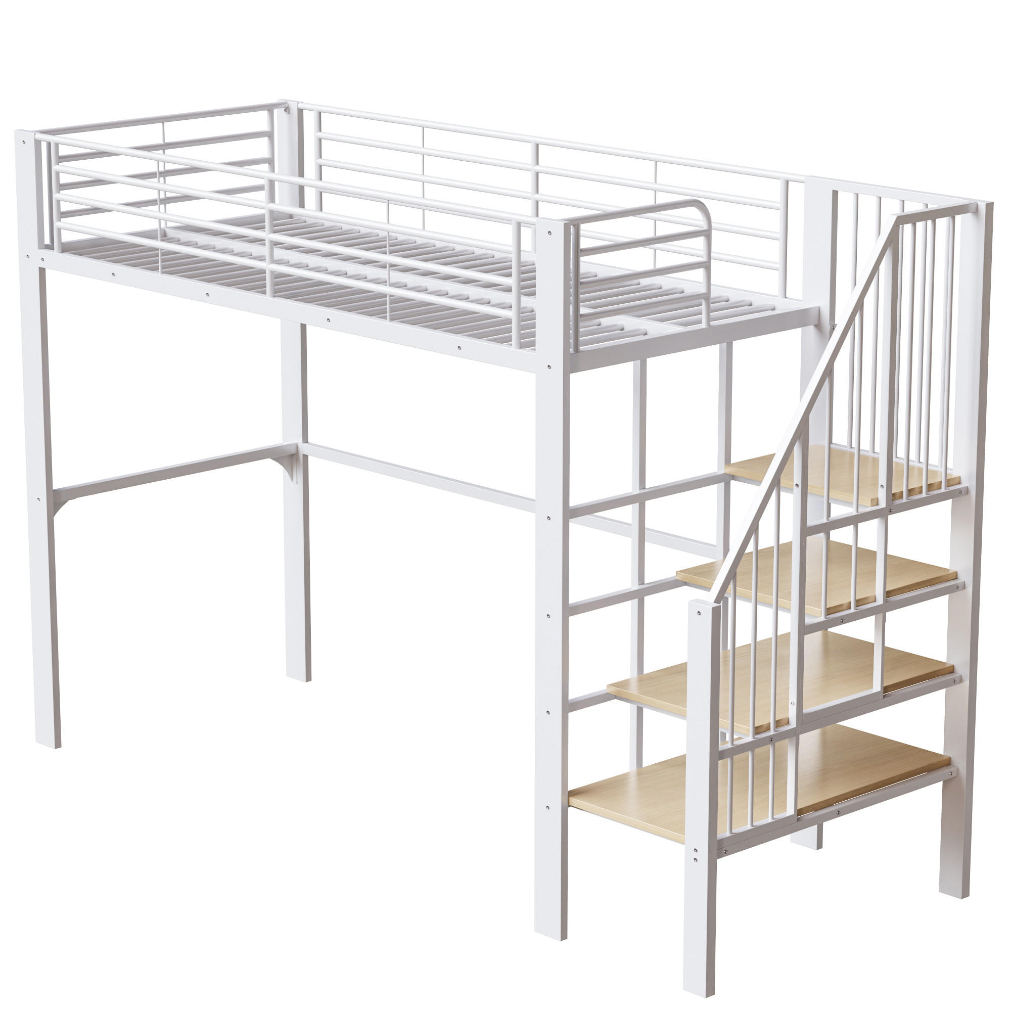 HOCHBETT 90/200 cm DE-01447, in Weiß, mit Stauraum und Treppe - Weiß, Metall (90/200cm) - ComfortXL