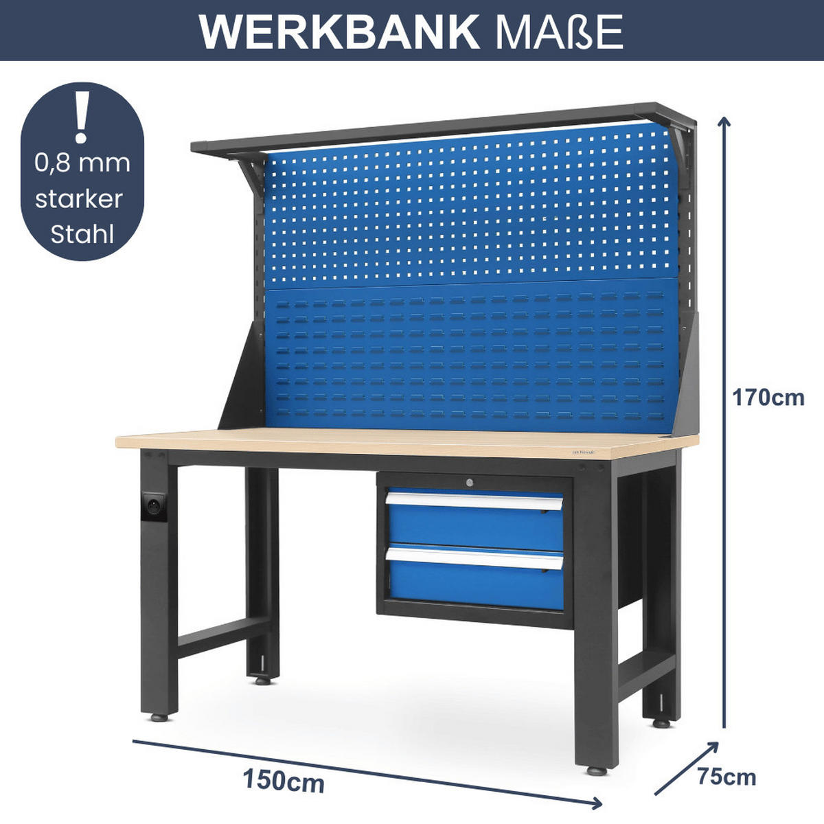 WERKBANK Werkstatt ROBI 170x150x75cm Anthrazit-Blau Platte Braun - Anthrazit, Metall (150/170/75cm) - DELUKE