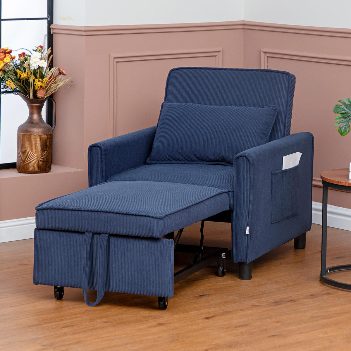 3-IN-1 Schlafsessel, Klappbett mit Bettfunktion, Lendenkissen für Wohnzimmer - Blau, Kunststoff (74/81/84cm) - HOMCOM