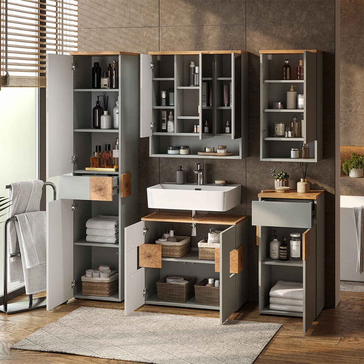 BADMÖBEL-SET Eden Grau/Artisan 5 Teile - Hellgrau/Grau, Holzwerkstoff (73/64/37cm) - Vicco