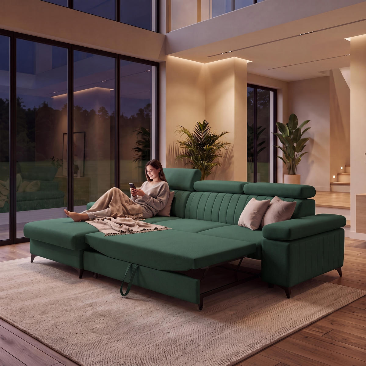 ECKSOFA FELIX L Links mit Schlaffunktion Velours Grün - Schwarz/Grün, Holz/Textil (257/176cm) - Muffo