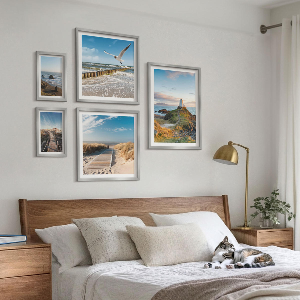 WANDBILDER 5er Set - 50x50 cm & 20x30 cm & 40x60 cm Silberner Rahmen - Palmen am Meer, blaues Wasser - Silberfarben, Kunststoff (40/60cm) - ArtPrintCave