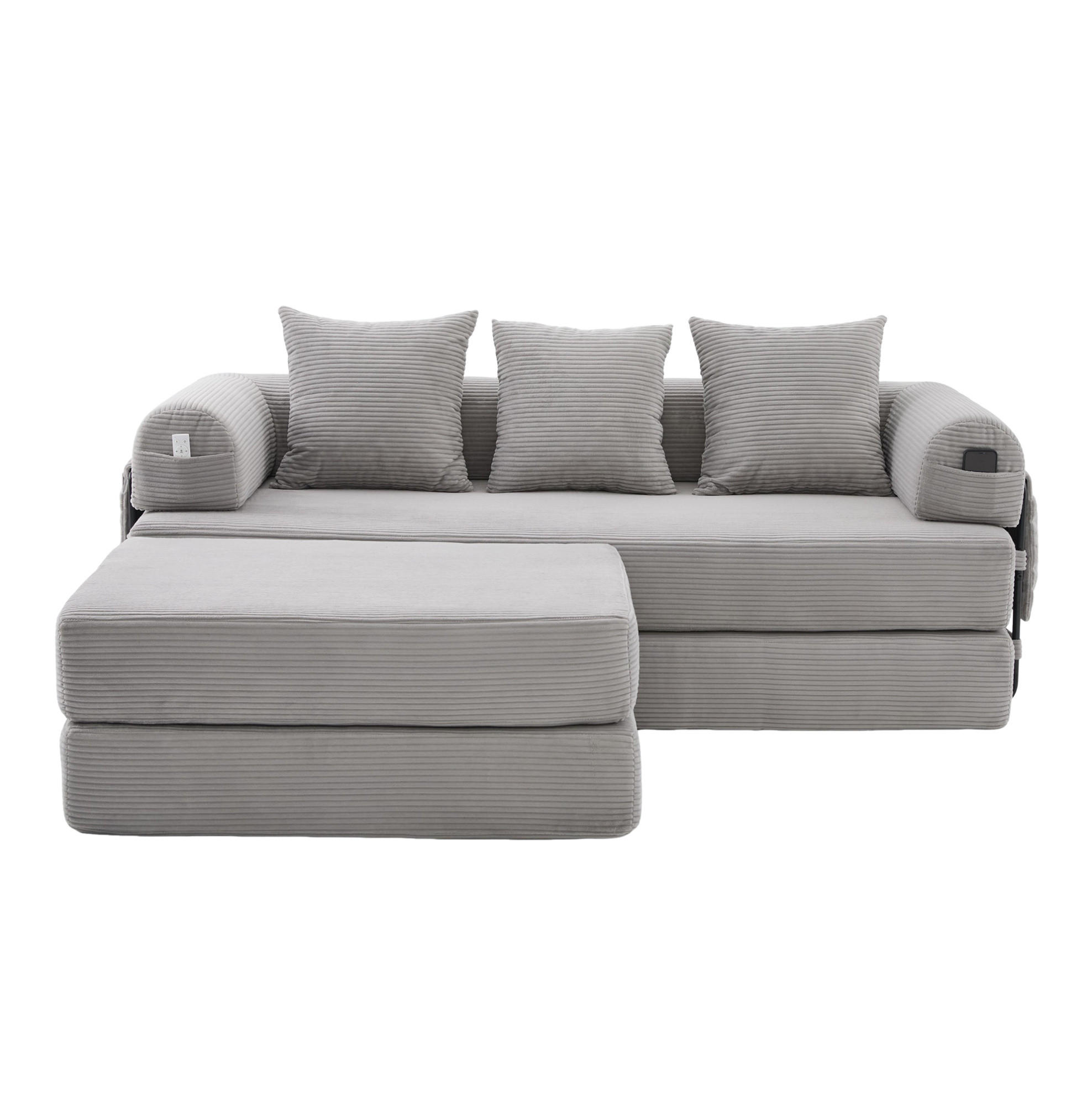 ECKSOFA aus Cord 200x190x67 cm Hellgrau frei kombinierbar mit Hocker, 3 Kissen und Seitentasche - Hellgrau, Textil (200/190cm) - Modfu