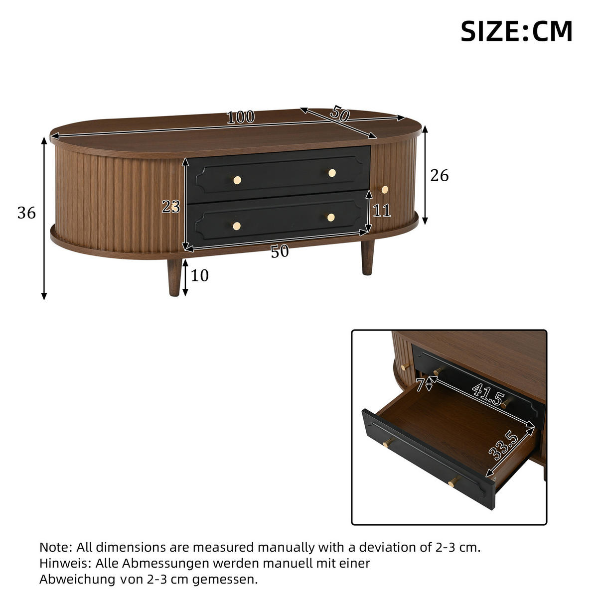 COUCHTISCH aus Spanplatte 100x50x36 cm Walnussholzoptik/Schwarz mit 2 Schubladen und Rolltüren - Walnussfarben, Holzwerkstoff (100/50/36cm) - IVMEU
