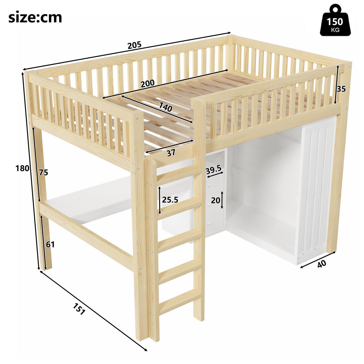 VISOKA postelja 140/200 cm naravna iz bora in MDF s pisalno mizo, omaro, 3 predali in stopnicami - naravne barve, les (140/200cm) - OKWISH