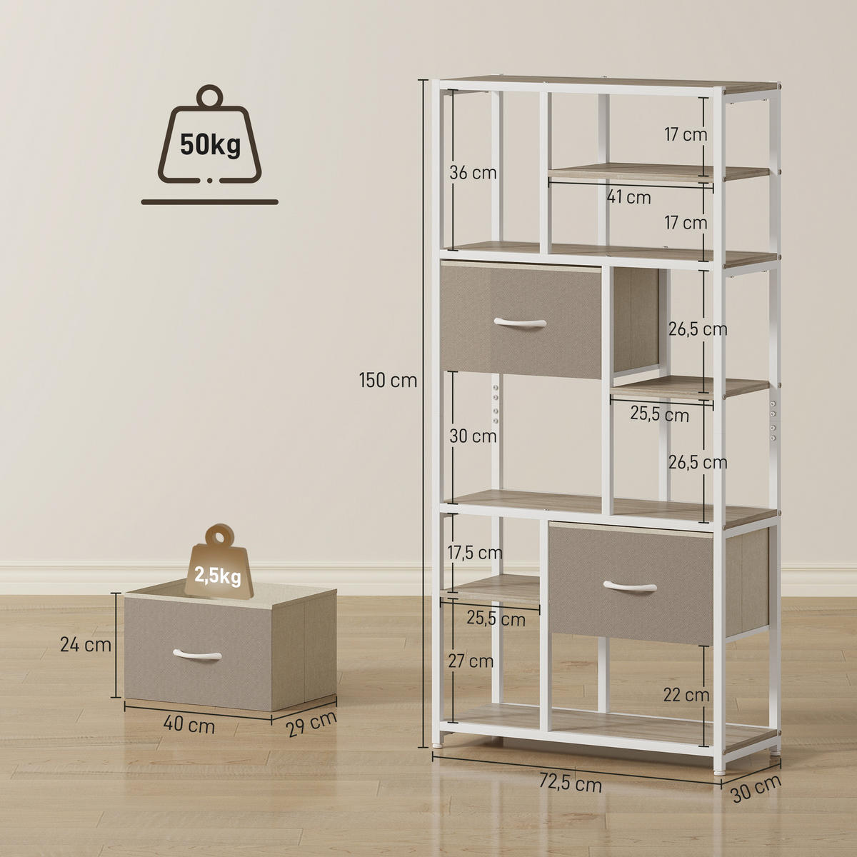 REGAL DE-15550 72,5/30/150 cm, 6 Ebenen mit 2 Stoffschubladen Weiß - Eichefarben, Metall (72.5/150/30cm) - ComfortXL