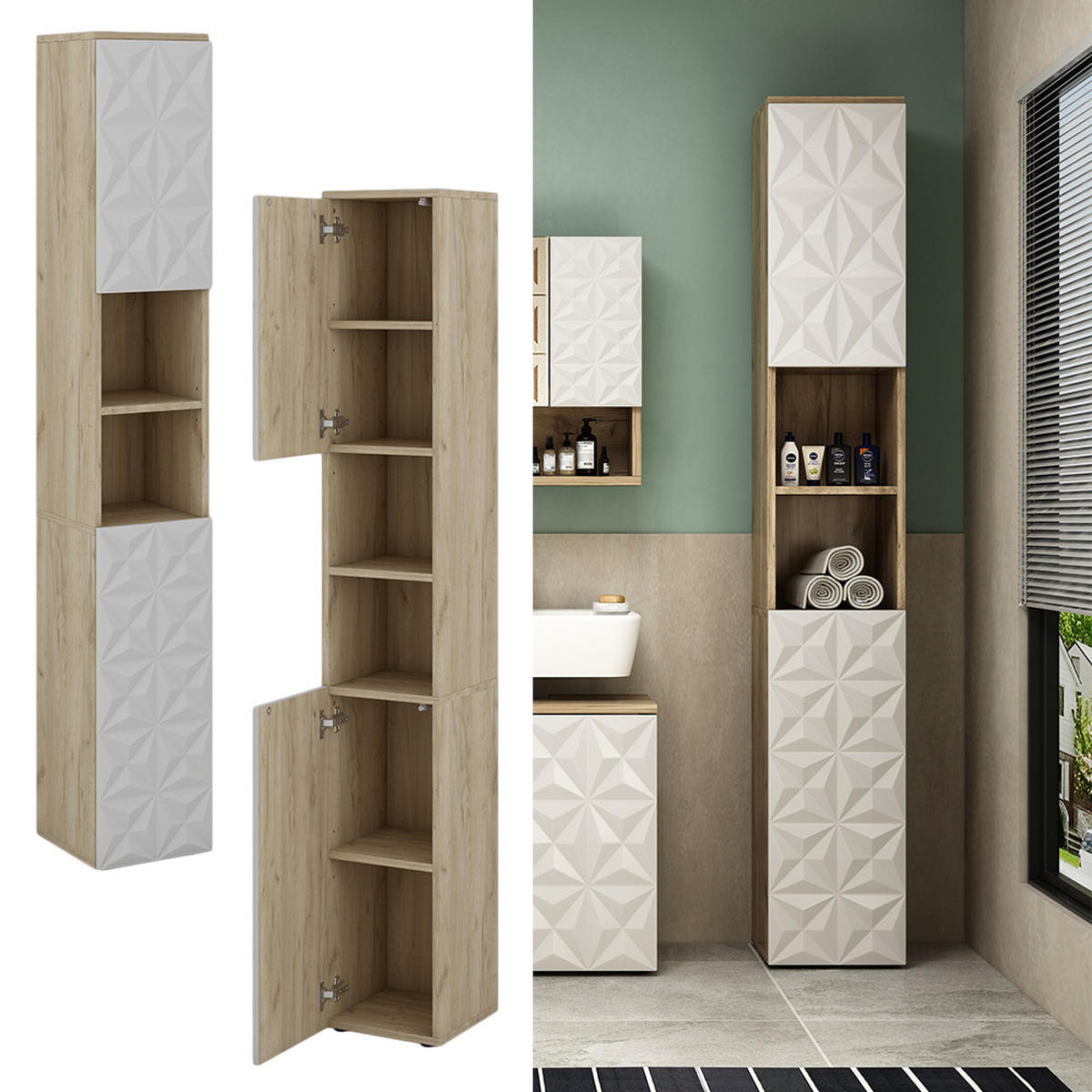 BADSCHRANK Edge Weiß 30 x 189.5 cm mit 2 Türen und 3 Fächer - Weiß, Holzwerkstoff (30/189.5/30cm) - Vicco