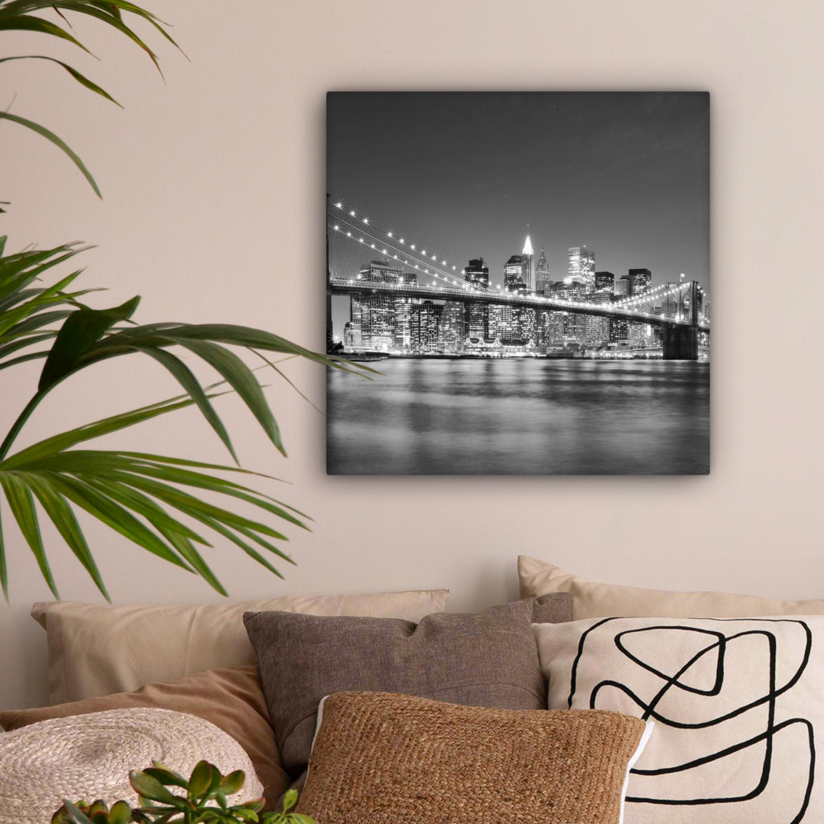 LEINWANDBILD - New York - Brücke - Brooklyn - Schwarz und weiß - Architektur - 50x50 - Room Decor - Schwarz, Textil (50/50cm) - MuchoWow