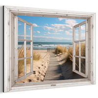METALLBILD Fenster - Meer - Küste - Natur - Ausblick - Strand - Wattenmeer 90x60 cm - Beige, Metall (90/60cm) - MuchoWow