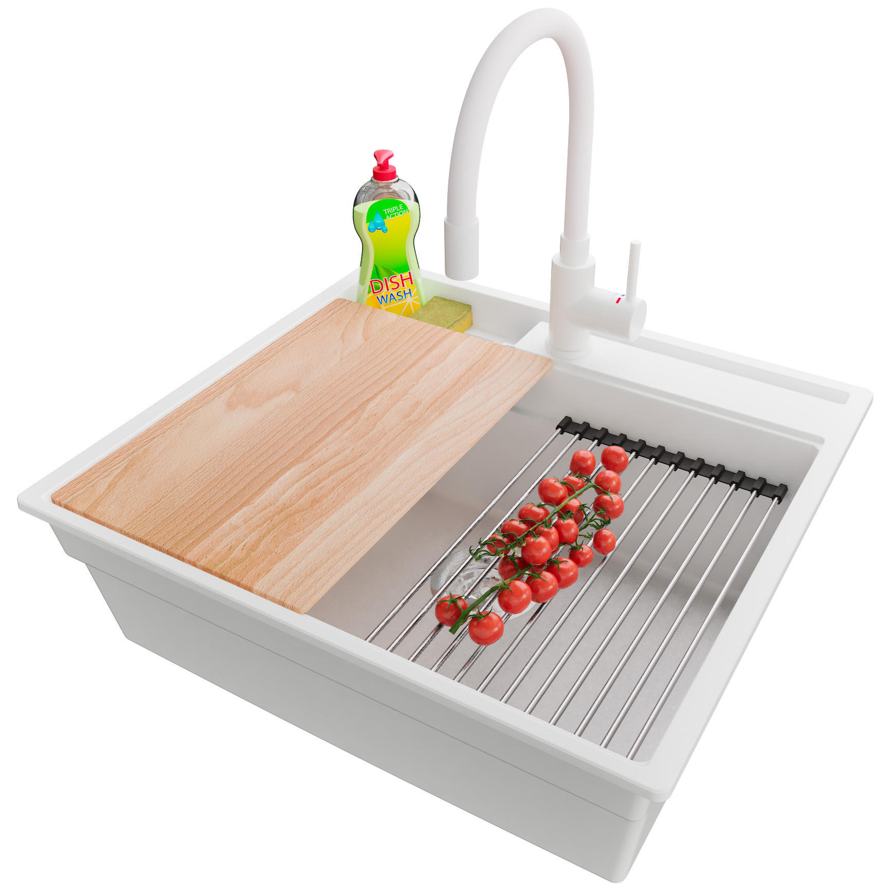 GRANITSPÜLE Oslo Pocket, 2-er set Weiß 58/53 cm 1 Becken + Küchenarmatur 38/14 cm + Ablauf-Set + Küchenzubehörset ab 60er Unterschrank - Chromfarben/Beige, Kunststoff (58/20/53cm) - Primagran