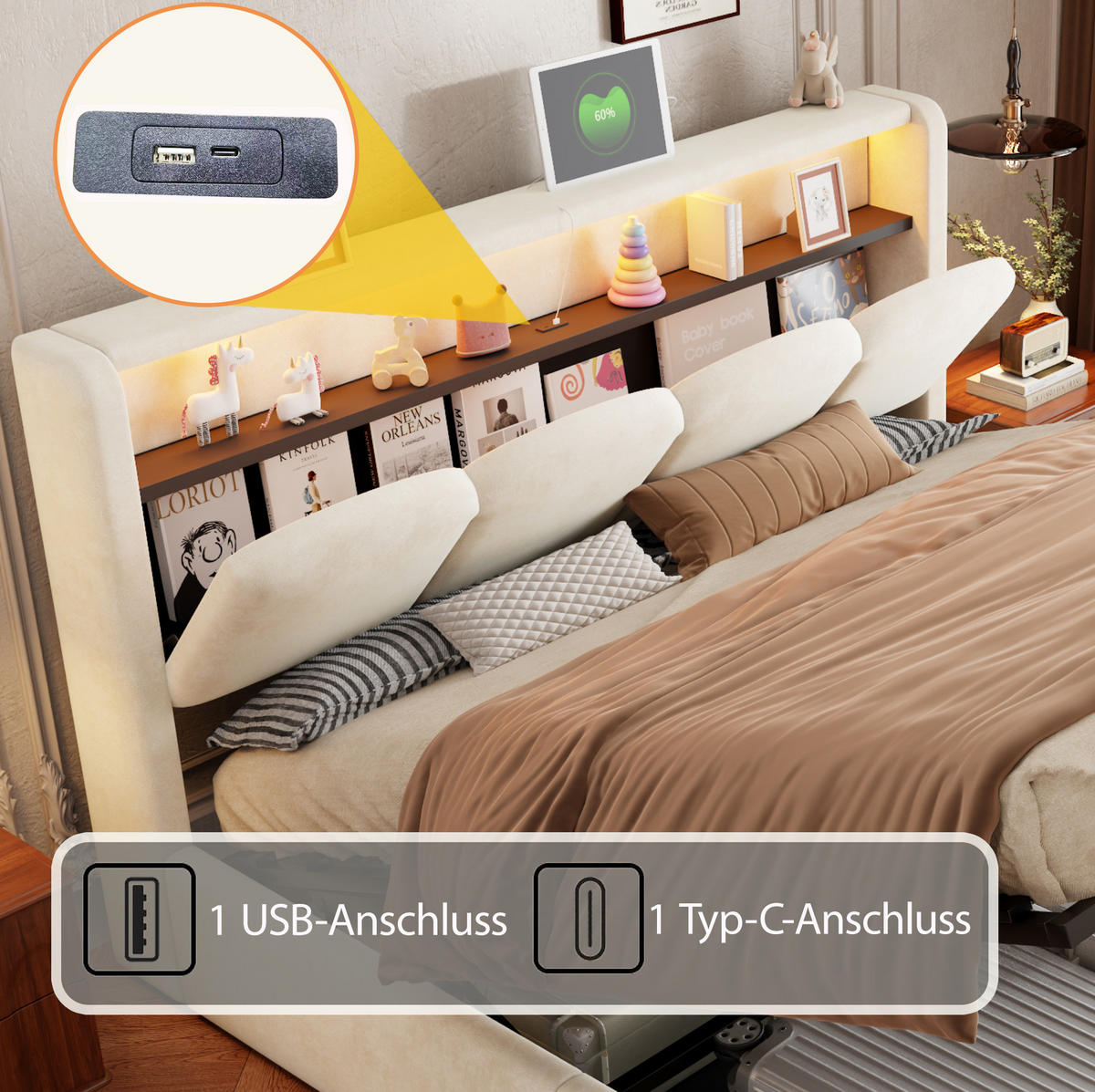 ČALOUNĚNÁ postel 140/200 cm s LED osvětlením, USB-C, USB a hydraulickým úložným prostorem, Béžová - béžová, textil (140/200cm) - Redom