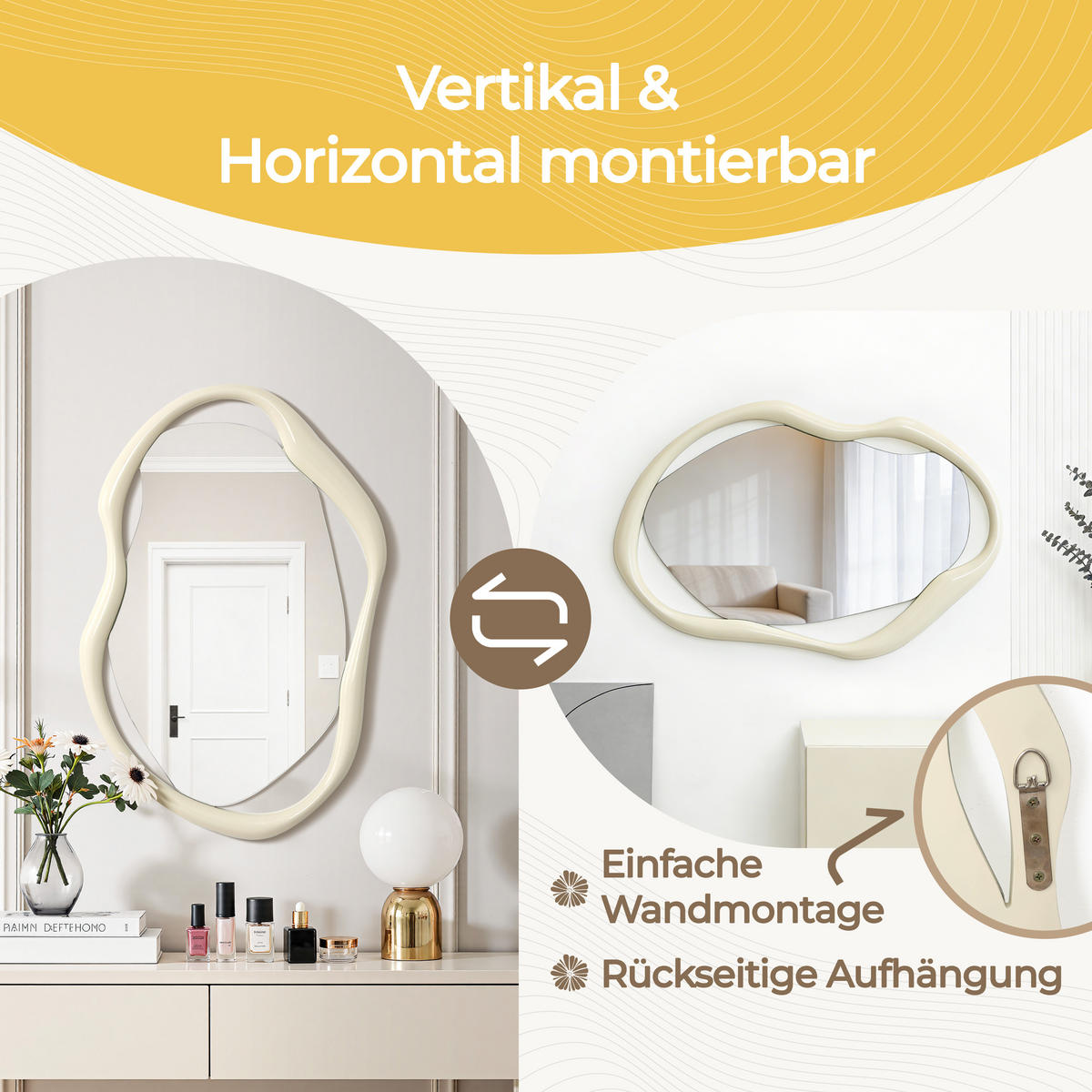 75CM H Wandspiegel mit weißem, unregelmäßigem Rahmen,Geeignet für Schlafzimmer, Wohnzimmer, Badezimmer und Flur - Weiß, Glas/Holz (78.5/3.5/58.5cm) - Hometopia