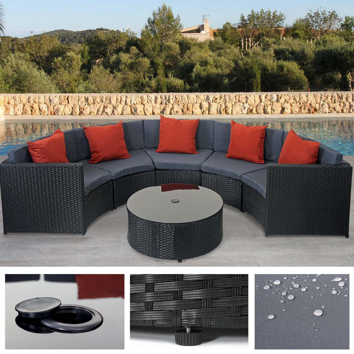 POLY-RATTAN GARNITUR RUND Schwarz, Anthrazit, Orange - Anthrazit/Schwarz, Kunststoff - MCW