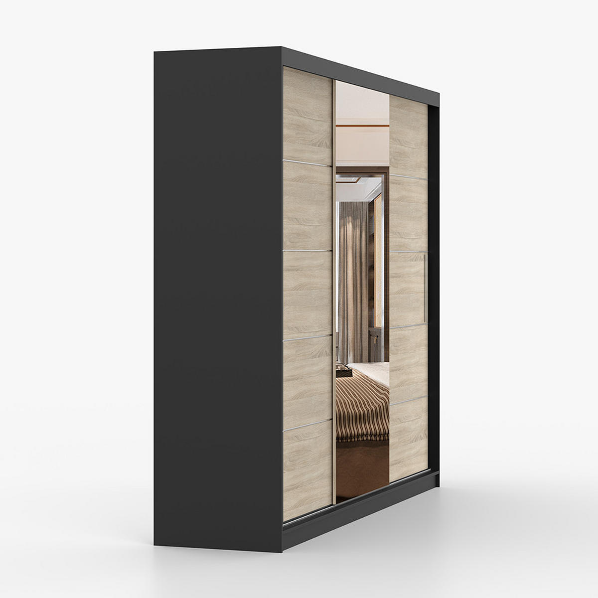 SCHWEBETÜRENSCHRANK Alba Schwarz/Sonoma Eiche + Spiegel, ohne LED Beleuchtung 250 cm - Alufarben/Schwarz, Glas/Holzwerkstoff (250/218/61cm) - imoebel24