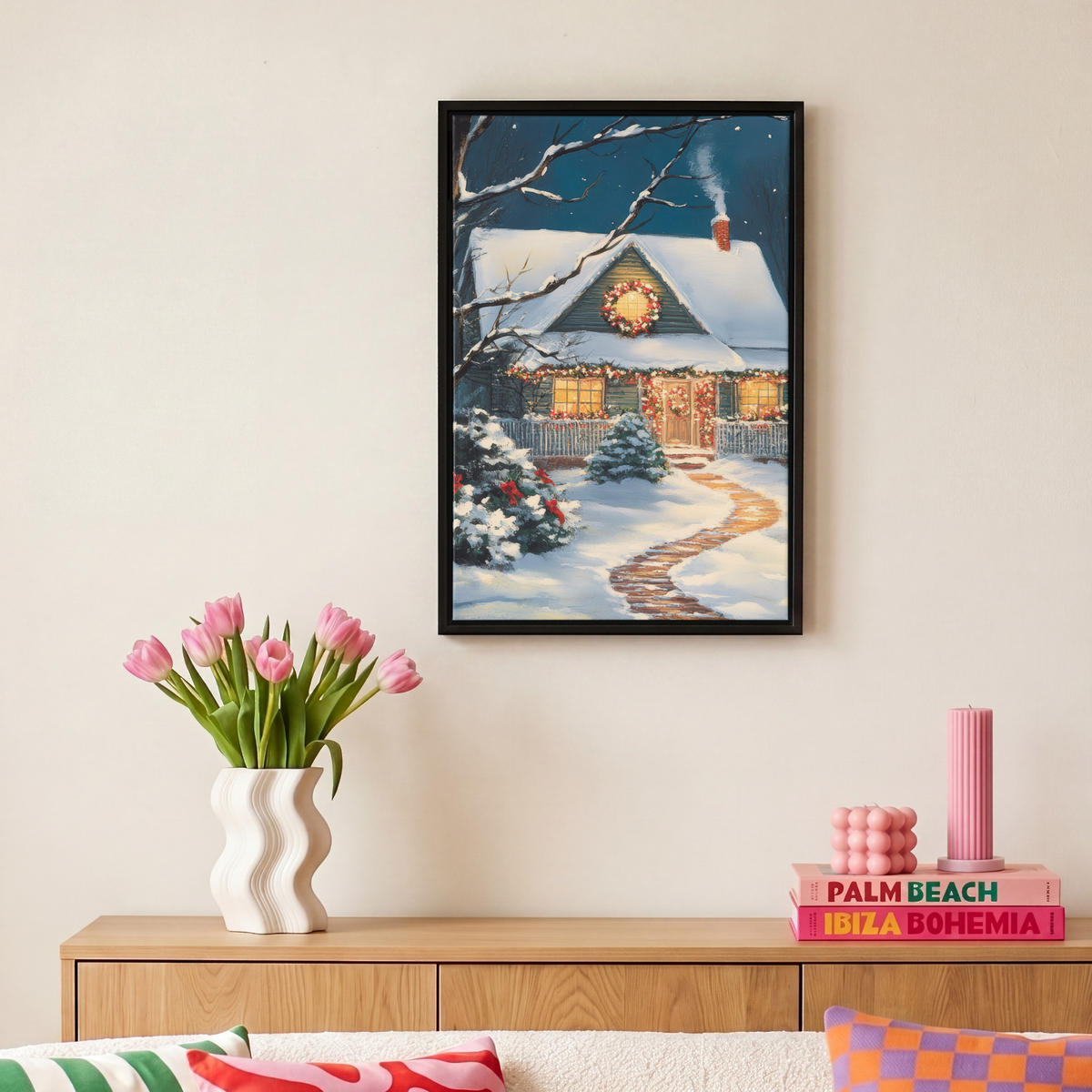 LEINWAND Bilder mit Rahmen - Weihnachten - Weihnachtsbaum - Winter - Zuhause - Schnee - 20x30 - Smaragdgrün, Textil (20/30cm) - MuchoWow