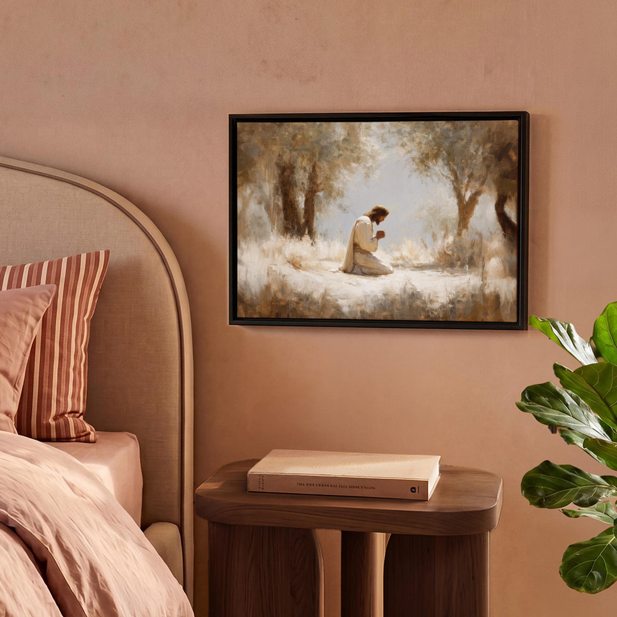 LEINWAND Bilder mit Rahmen - Jesus - Kniend - Waldlandschaft - Betend - 40x30 - Beige, Textil (40/30cm) - MuchoWow