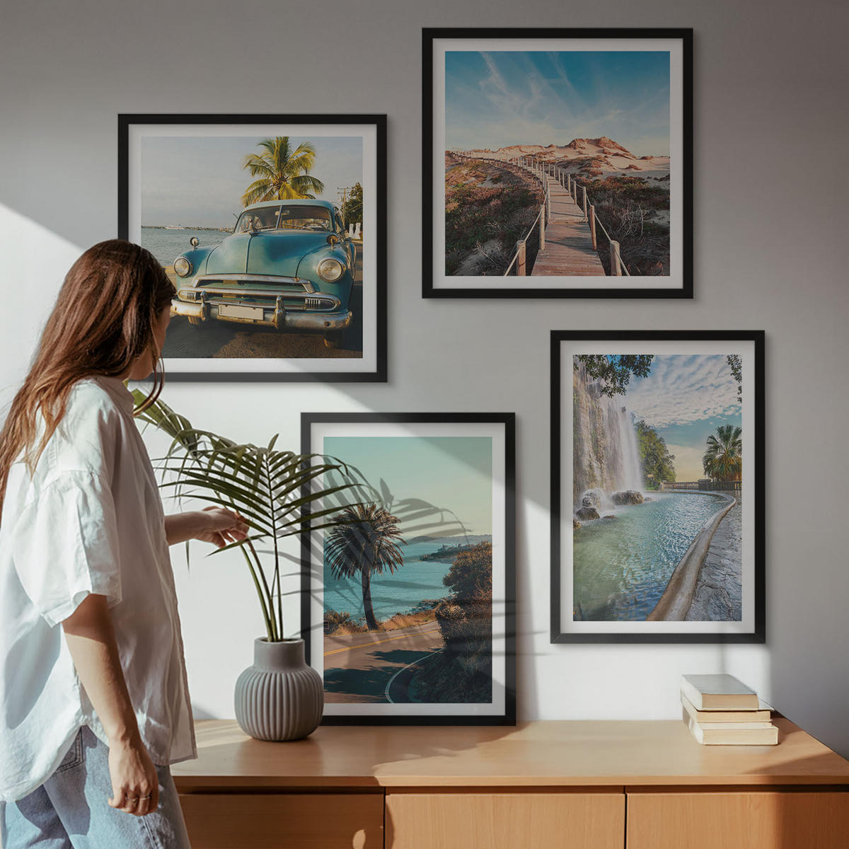 BILDER SET 4er Set - 50x50 cm & 40x60 cm Schwarzer Rahmen - Urlaub Palmen Wasserfall - Schwarz, Kunststoff (50/50cm) - TULUP