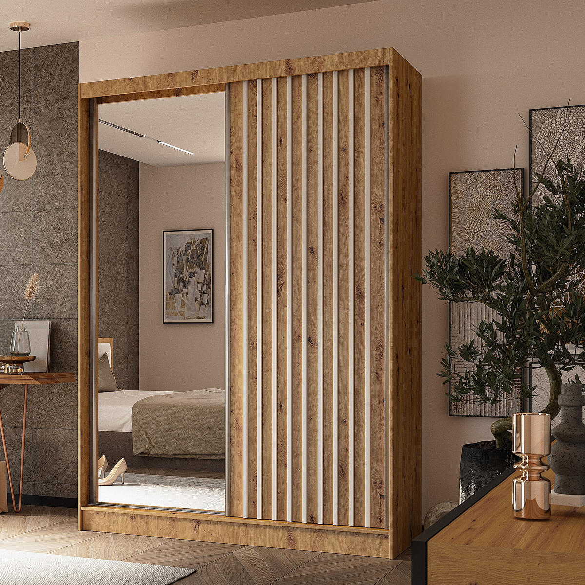 SCHWEBETÜRENSCHRANK LAMELLO 150/216/61 cm 2-türig mit Spiegel Eiche Artisan - Eiche Artisan, Holzwerkstoff (150/216/61cm) - MASSENO