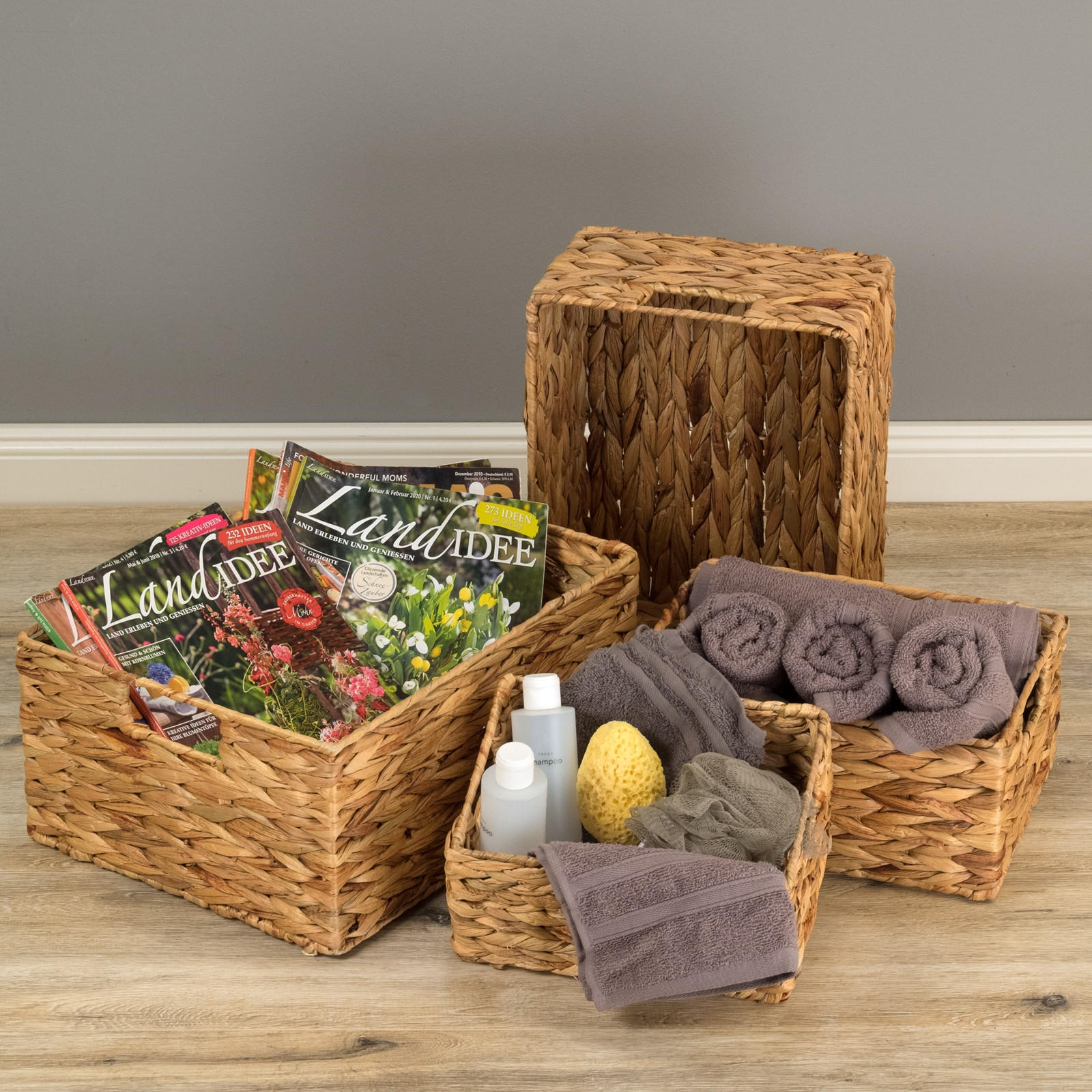 AUFBEWAHRUNGSBOX-SET Cesto 4-teilig Wasserhyazinthe geflochten, 4 verschiedene Größen naturfarben - Naturfarben, Naturmaterialien (18cm) - CREEDWOOD
