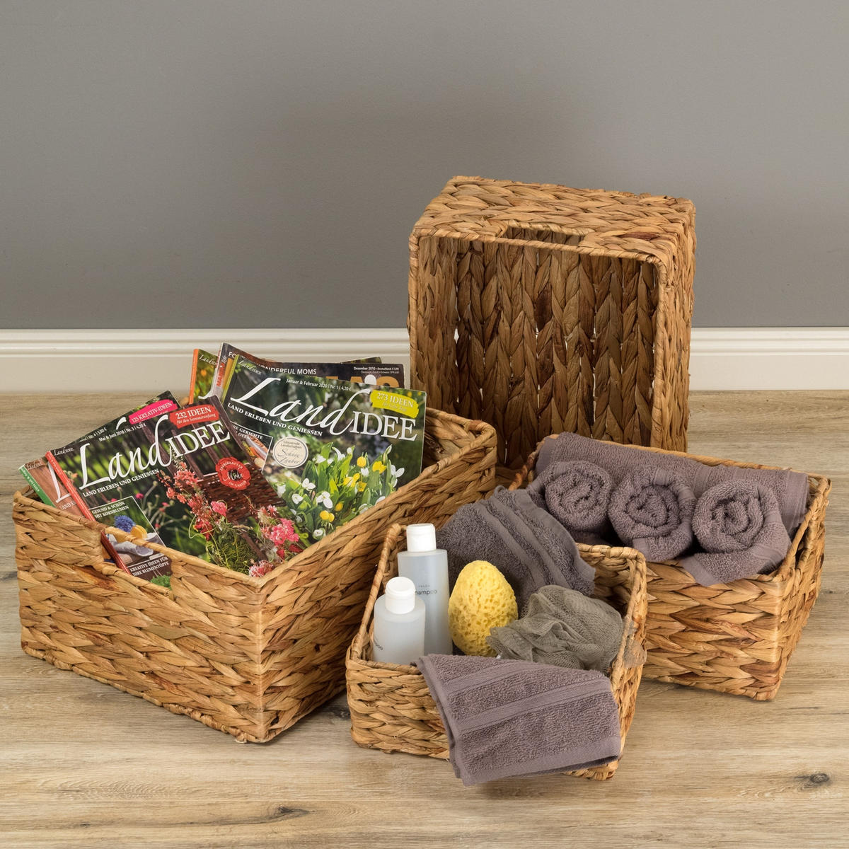 AUFBEWAHRUNGSBOX-SET Cesto 4-teilig Wasserhyazinthe geflochten, 4 verschiedene Größen naturfarben - Naturfarben, Naturmaterialien (18cm) - CREEDWOOD